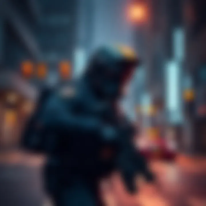 A police officer in tactical gear searches a city street during a manhunt, highlighting the serious consequences of crime.