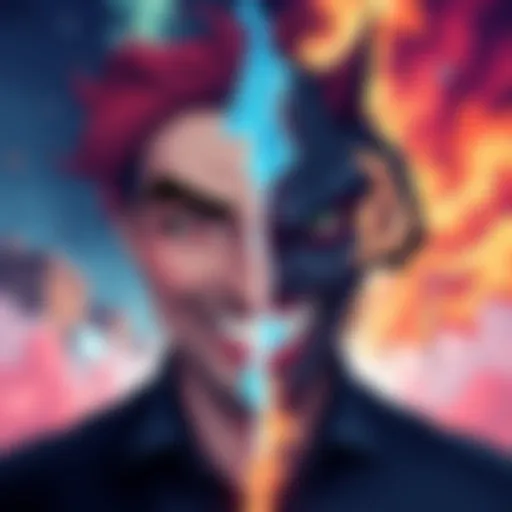 An illustration showing a split figure of a man, one side representing good with light colors and joyful expressions, and the other side depicting evil with dark colors and angry expressions, symboliz...