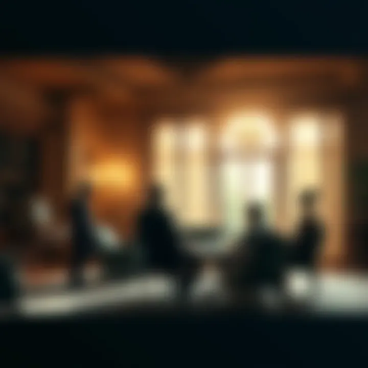 A scene inside a luxurious mansion with four distinct figures discussing their fate, creating an atmosphere of tension and choice.