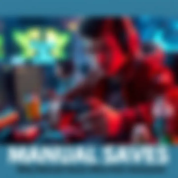 A gamer actively using a manual save feature in a video game, surrounded by various consumable items being used in action