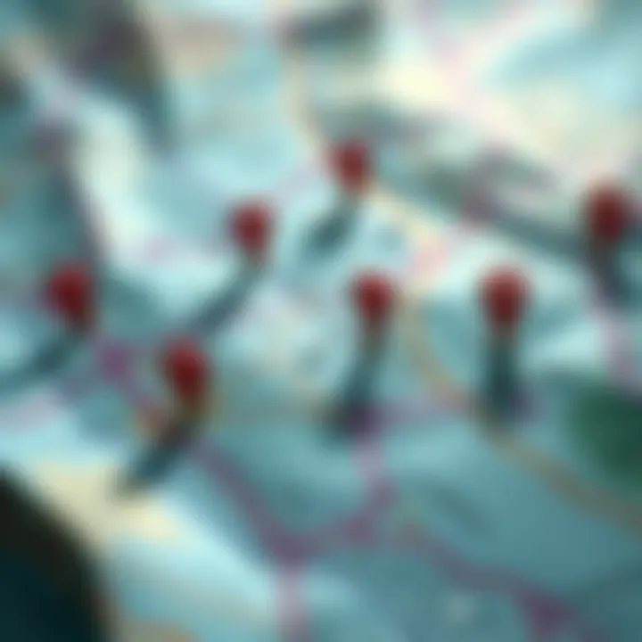 Map with location markers A detailed map showing various location markers and paths for travel navigation.