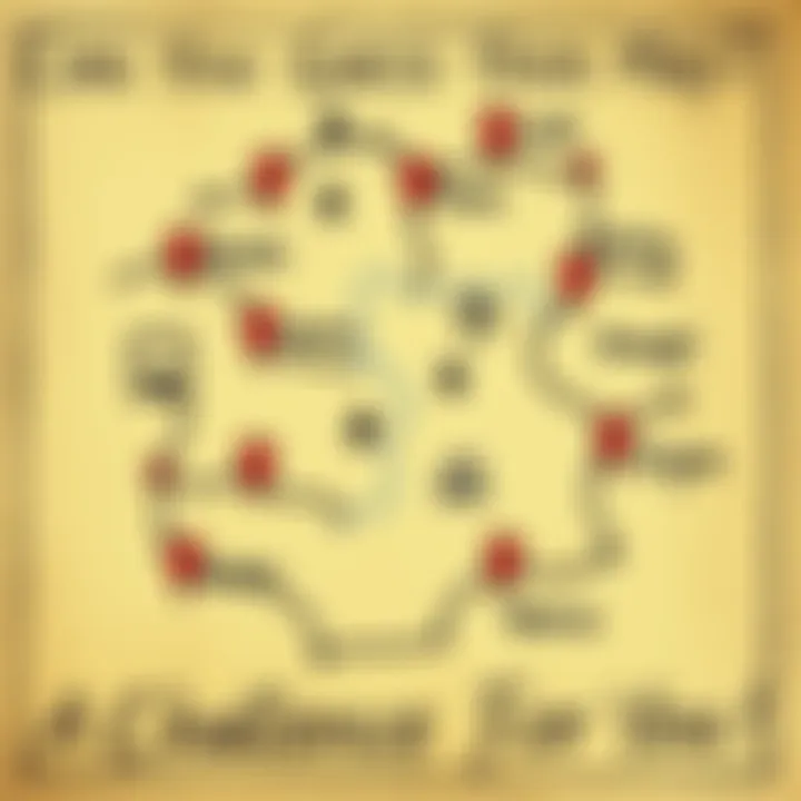 Map Challenge Illustration A hand-drawn map with various symbols representing a playful guessing game about locations, intended for a girlfriend.