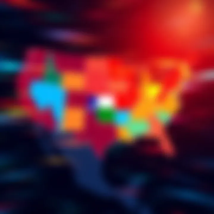 A colorful map showing the unclear borders of America in 2077, highlighting Texas as a separate republic alongside other regions.