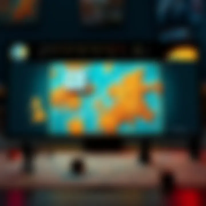 Map Projector for Tabletop Gaming A tabletop gaming setup featuring a map projector displaying a detailed fantasy map, surrounded by game pieces and dice.