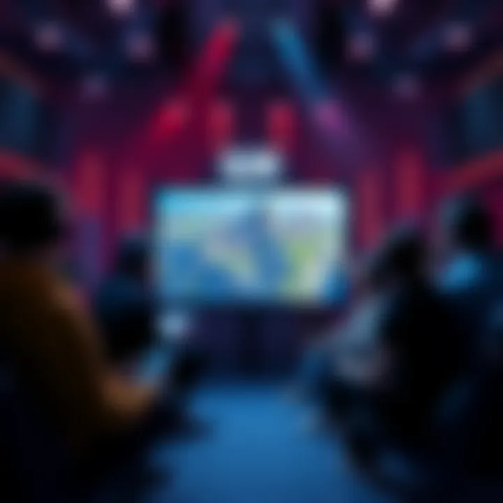 A group of gamers discussing potential changes to game maps, with images of Blizzard World on a screen