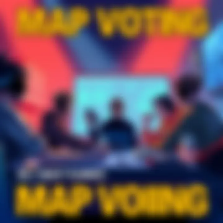 An illustration showing players discussing map voting options in a gaming environment, showcasing their preferences and concerns about leavers and throwers in quickplay matches.