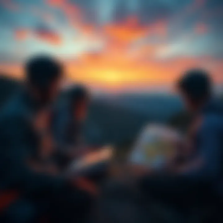 A group of mappers outdoors, using tools and maps to explore new and uncharted areas while discussing innovative ideas.