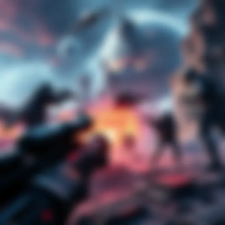 An action scene from Marathon showing players engaging in PvP combat, with various weapons and a detailed game world in the background