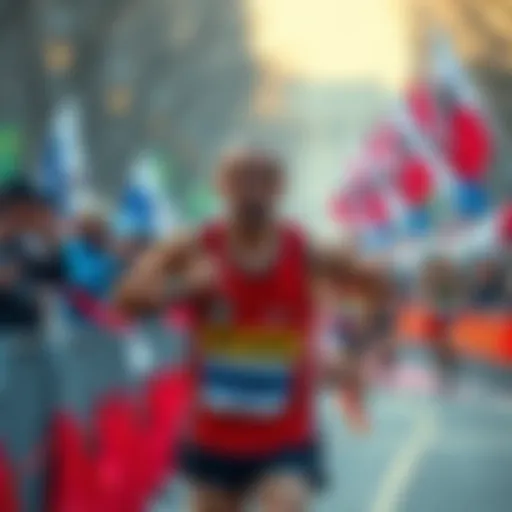 A runner competing in a marathon, showing determination and effort on their face, surrounded by cheering spectators.