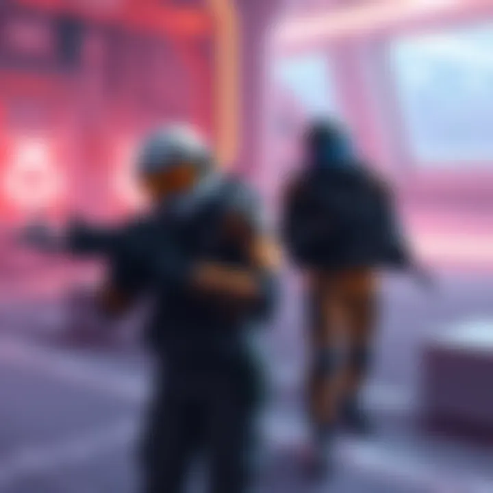 Illustration showing a character in Marathon testing weapons at a practice range while another character coordinates in a duo queue system.