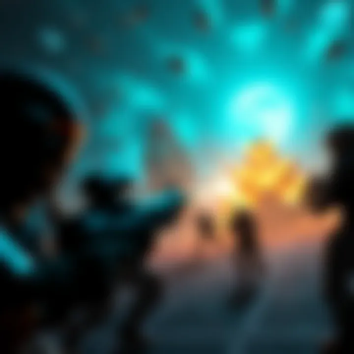 A vibrant scene showcasing Marathon's unique art style and classic gunplay action, with players engaged in a dynamic battle environment.