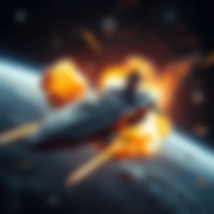 A digital rendering of a Marathon-class ship firing MAC rounds at a CCS Battlecruiser in space, with explosions and debris in the background.