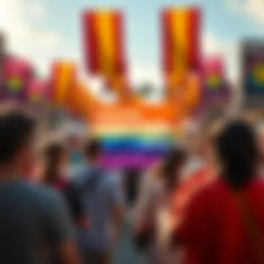A group of people discussing the Marathon pride logo with rainbow banners in the background