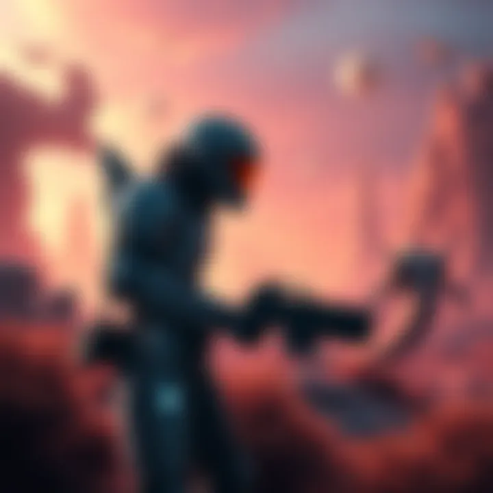 A gamer character in futuristic armor exploring a vibrant alien landscape with advanced technology in Marathon