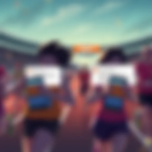 Illustration showing frustrated marathon runners facing disconnection and error messages on their devices, with a backdrop of a digital race track.