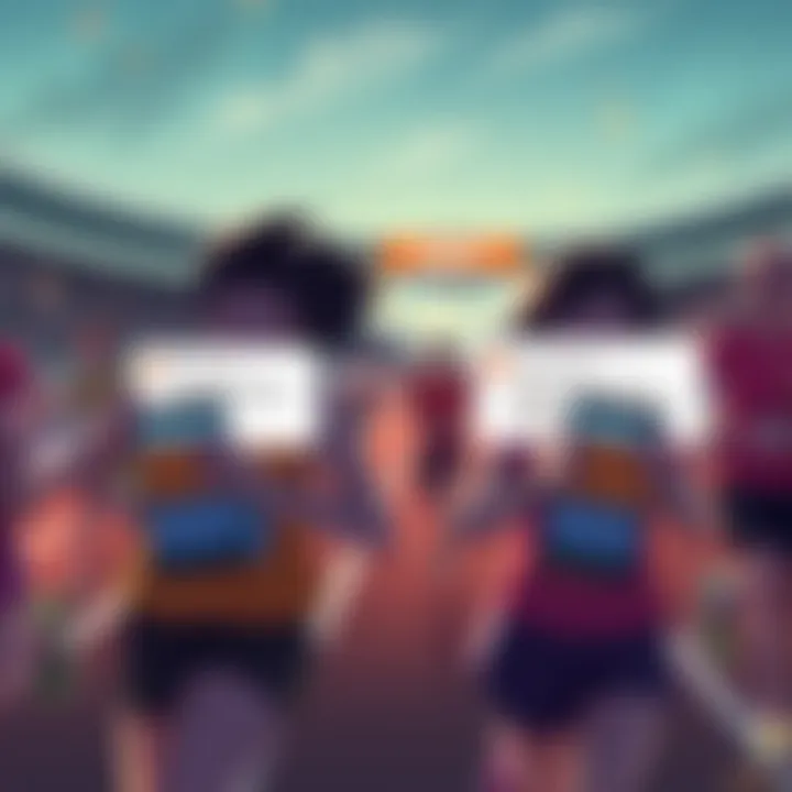 Marathon Server Issues Illustration showing frustrated marathon runners facing disconnection and error messages on their devices, with a backdrop of a digital race track.