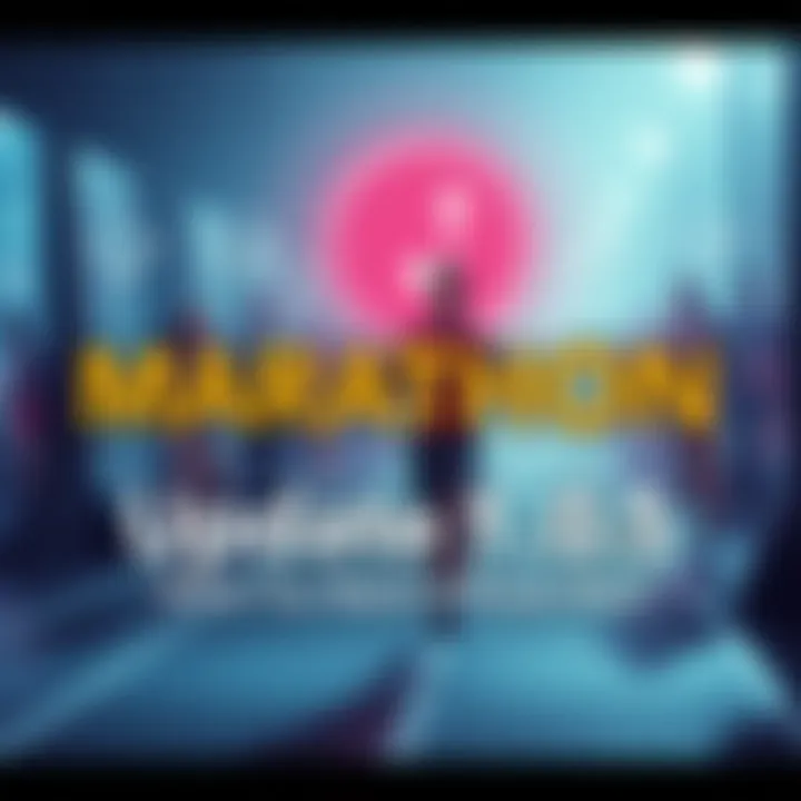 A vibrant graphic showing features of Marathon Update 1.0.5 with performance icons and text highlighting new functionalities