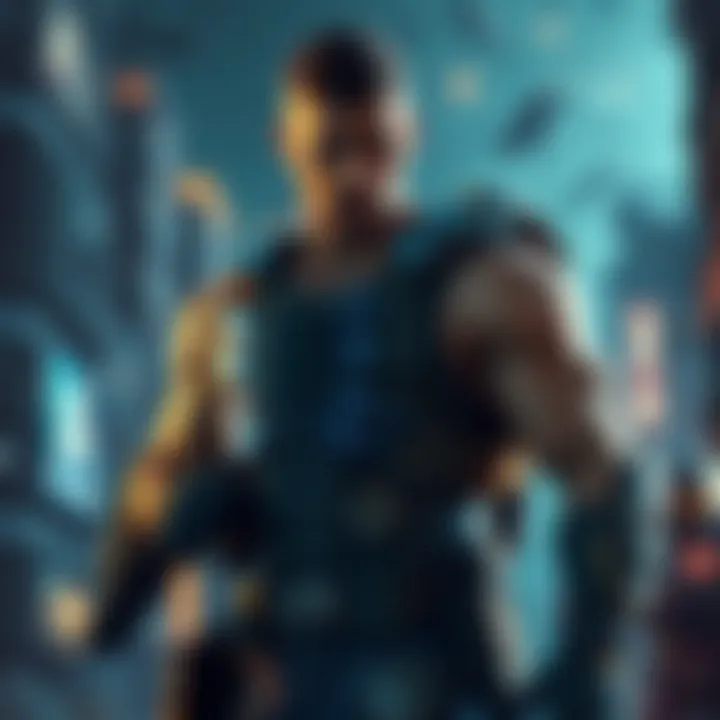 Art of Marcus Fenix in a battle pose, showcasing his muscular build and armored outfit, set against a destroyed urban backdrop.