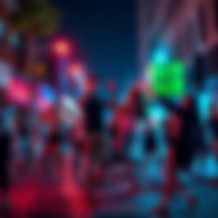 A lively group of people enjoying a spontaneous Macarena dance on Marguerite Street at night, filled with joy and excitement