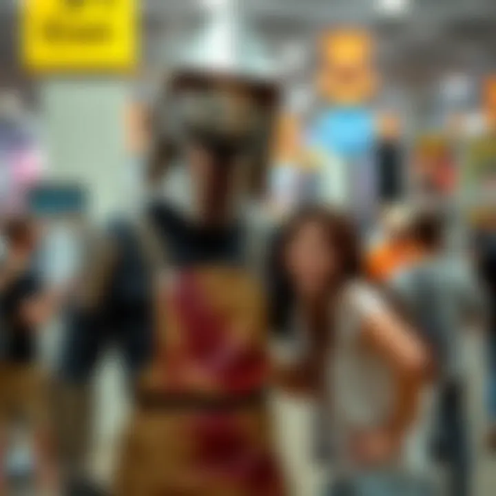 Maria with Pyramid Head at Comic Con Maria playfully poses with Pyramid Head, a tall character in a metallic helmet and bloody apron, at a comic convention.