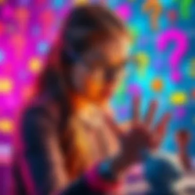 A woman named Marie engaging in fun brain challenges with colorful puzzles and questions around her.