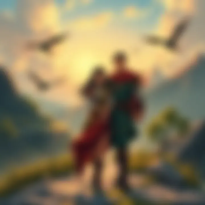 Illustration showing Marika and Radagon standing together, symbolizing their connection as they share a life and family, with a backdrop of a mystical landscape.