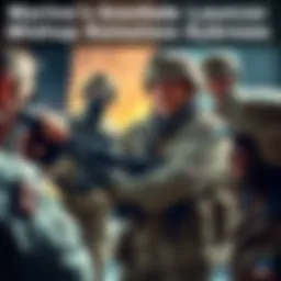 A Marine accidentally holding a grenade launcher while others react in surprise and laughter