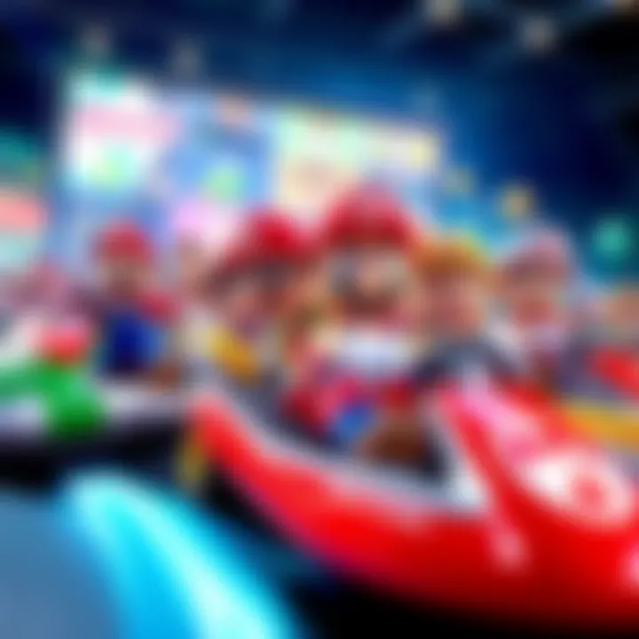 A group of players enjoying Mario Kart 8 Deluxe on a Nintendo Switch 2 in 8-person split screen mode, showcasing racing excitement and multiplayer fun.