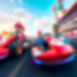 Colorful Mario Kart racers speeding on a vibrant track with characters like Mario and Luigi