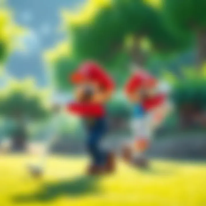 Mario Golf Super Rush Gameplay Two characters playing golf in vibrant green surroundings from Mario Golf Super Rush, showcasing motion controls and multiplayer fun