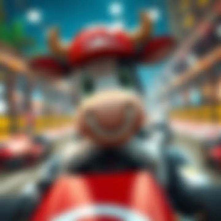 A cartoon cow character in a racing scene from Mario Kart, showing a nose ring that PETA wants to be removed