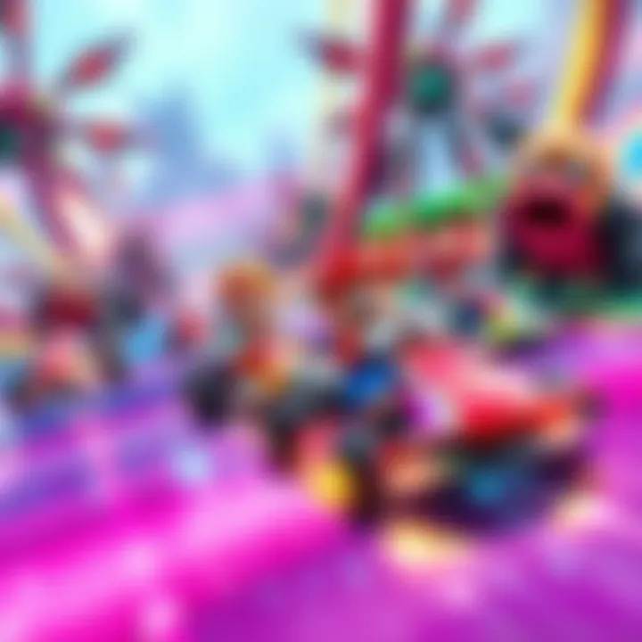 Mario Kart Race Scene A colorful scene from Mario Kart World showing racers competing on a vibrant track with aggressive NPCs in the background.