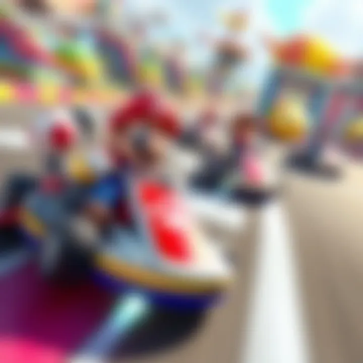 Promotional art featuring characters from Mario Kart World racing on vibrant, colorful tracks with karts