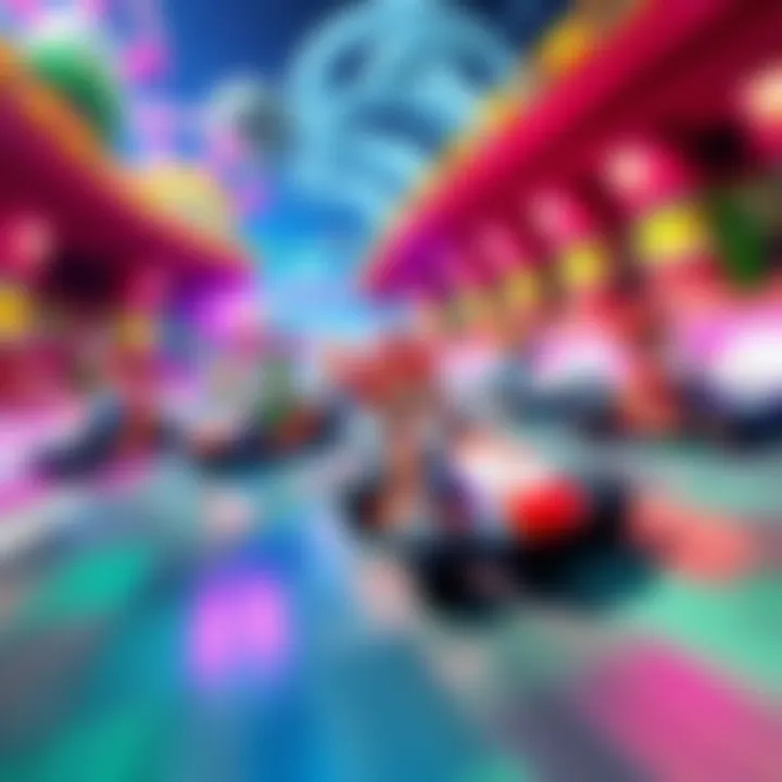 A colorful racing scene from Mario Kart World featuring various characters and karts on a vibrant track.