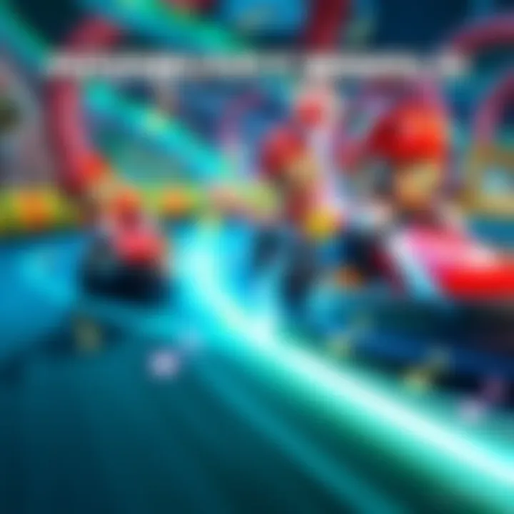 A vibrant scene showing Mario Kart characters racing with music notes around them, highlighting the Latin Underground Theme, evoking excitement and fun.