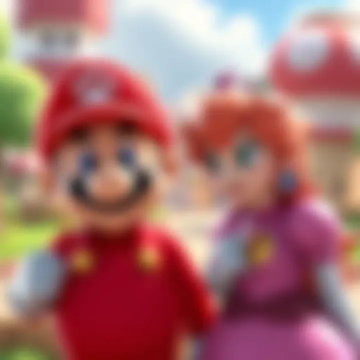 Mario and Princess Peach smiling together, standing in a colorful Mushroom Kingdom setting, showing their friendship without any romantic gestures.