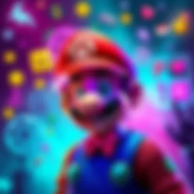 A colorful gaming character with a Mario-inspired skin, surrounded by gaming icons and vibrant community reactions