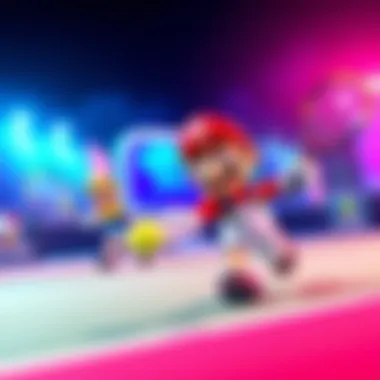 Two characters from Mario Tennis Fever playing tennis on a vibrant court with colorful graphics.