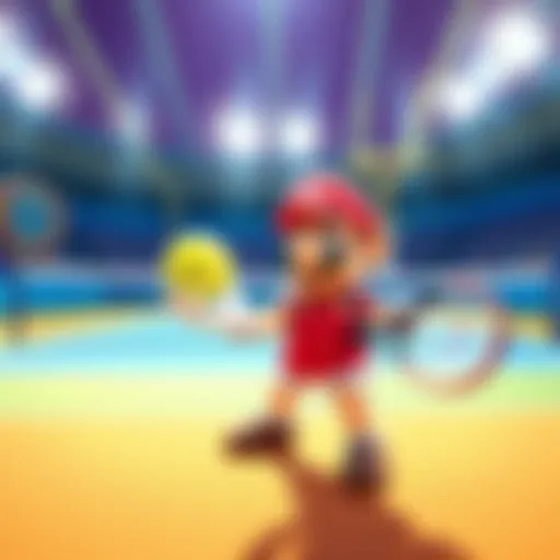 A tennis player character from Mario Tennis Fever serves a tennis ball in a vibrant tennis court setting after the 1.0.2 update.