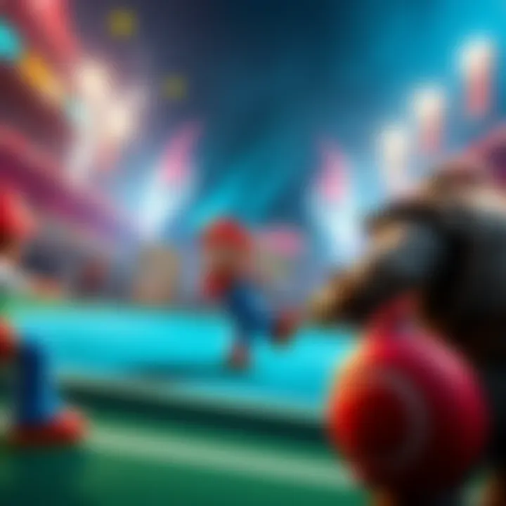 Action-packed scene featuring characters from Mario Tennis Fever and God of War in a vibrant Tokyo arena setting