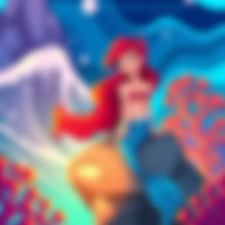 A colorful illustration showing a mermaid sitting on a rock by the sea, with vibrant ocean waves and bright coral in the background