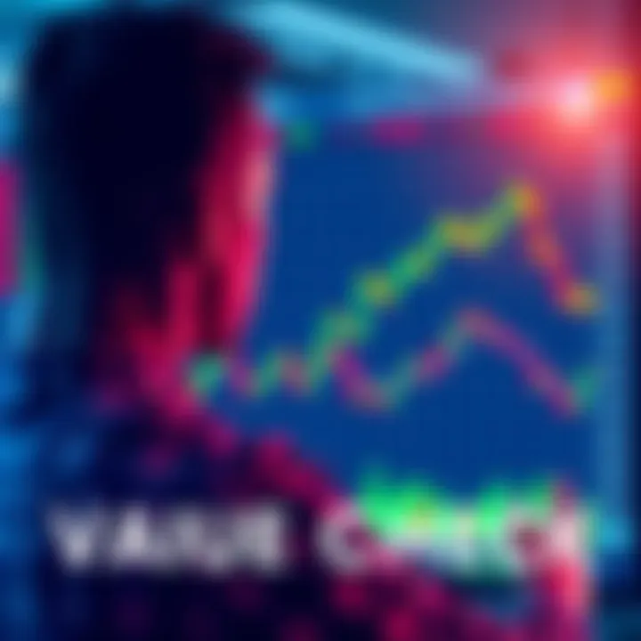 A person analyzing stock market charts on a digital screen with rising and falling graphs representing market trends.