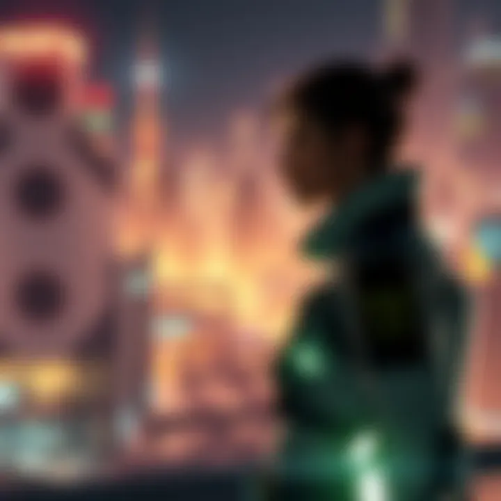 Markus and North standing together in a tense moment, with a backdrop of the futuristic city of Jericho, highlighting their complex relationship.