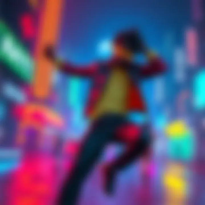 Marquese Scott performs dynamic dance moves in a colorful, futuristic setting of Night City from Cyberpunk 2077.