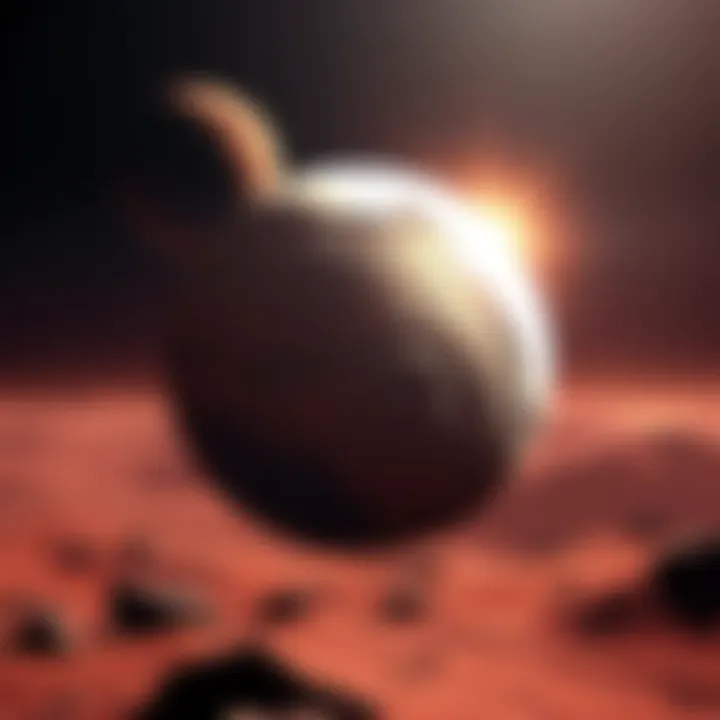 An artistic view of Phobos, Mars' largest moon, showing its surface features and the red planet in the background.