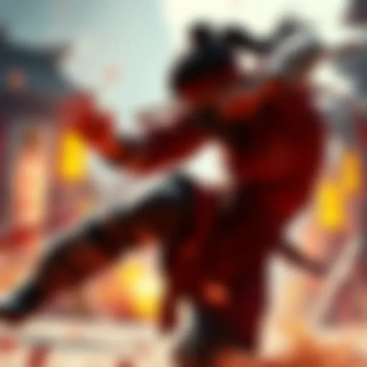 A character in God Slayer performs a dynamic martial arts move inspired by Jackie Chan and iconic heroes, set against an action-packed background.