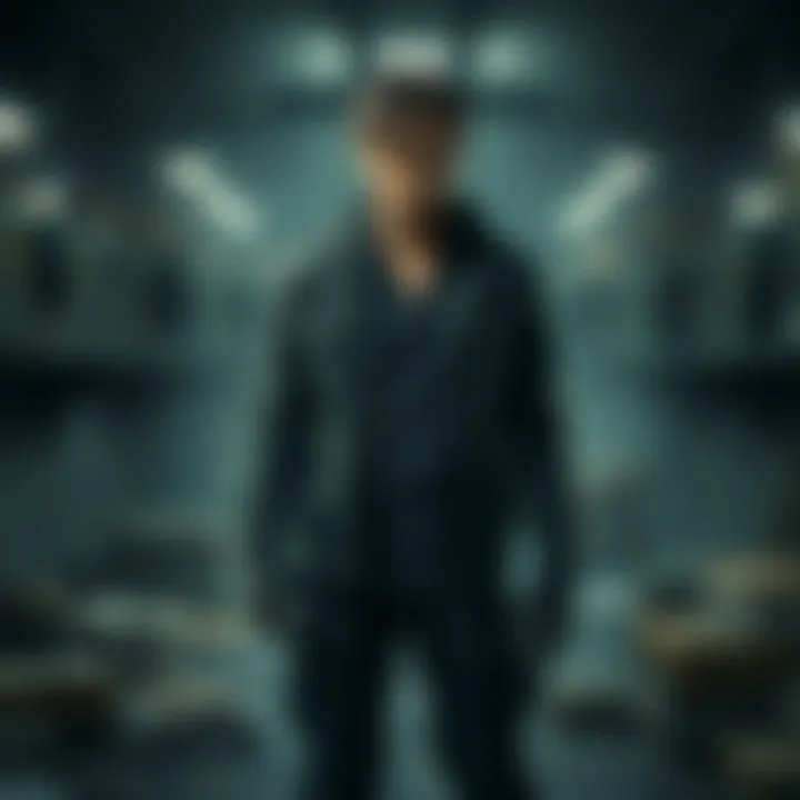 Martinez in the Resident Evil Universe Martinez stands in a dark, abandoned lab, surrounded by ominous biohazard warnings and scattered files, reflecting his role in the fallout of the RE universe post RE1.