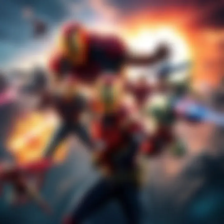 A vibrant scene featuring various Marvel heroes in action poses with a backdrop of a strategic battlefield