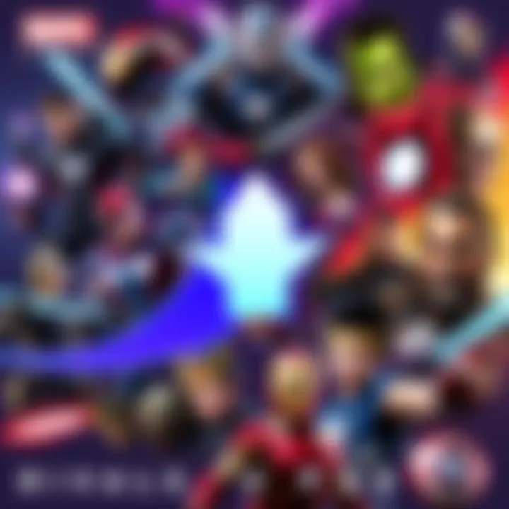 A collage of Marvel characters and gaming elements with a focus on reduced file sizes, showing a large downward arrow to symbolize the cut in gigabytes.