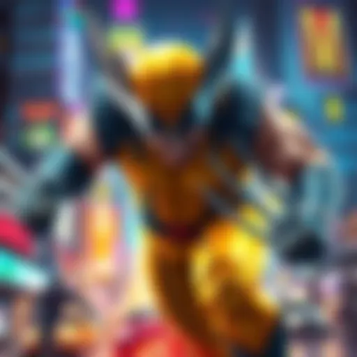 A dynamic scene showcasing Wolverine in a fierce battle with sharp claws extended, set against a vibrant city backdrop.